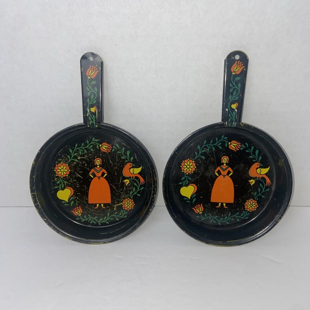 Minature Kitchen Hanging Decor Painted Orange Yellow Green Black Pans